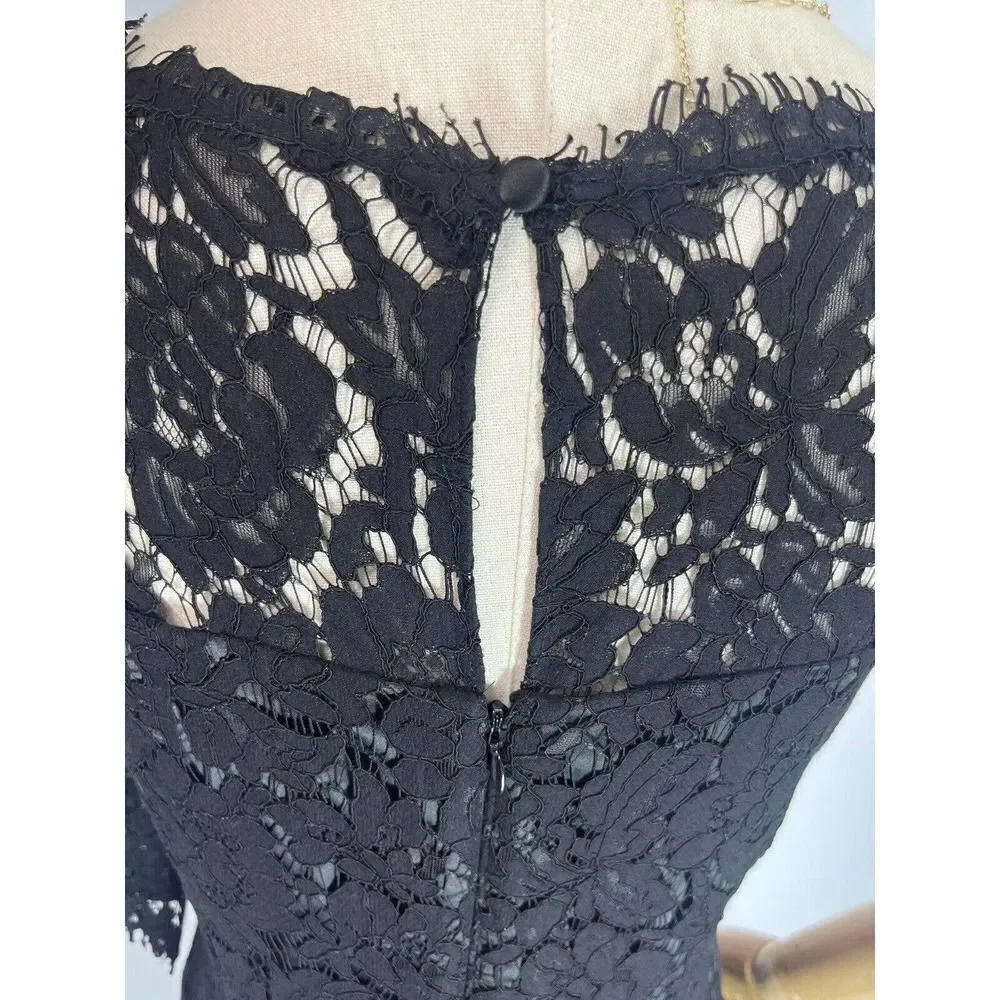 Eliza J Womens Size 4 Black Lace‎ Dress Sheer 3/4 Sleeve A-Line Fit Flare Lined